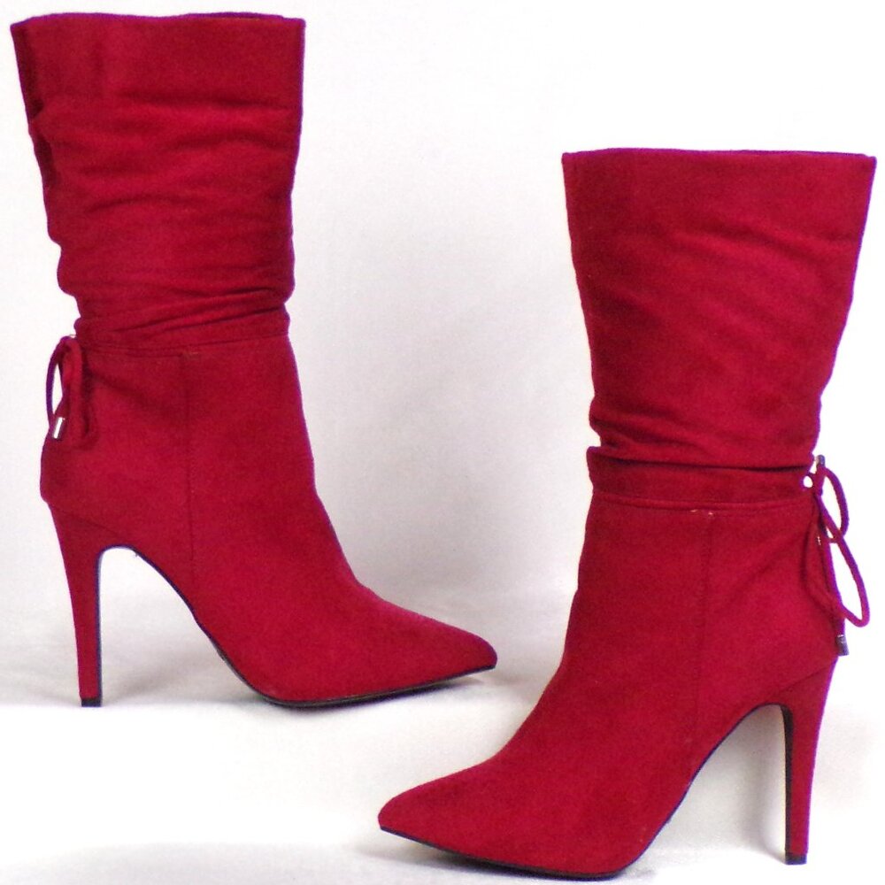 ZIGI SOHO size 7M carmine-red faux-suede ultra-high-heel point-toe slouch boots